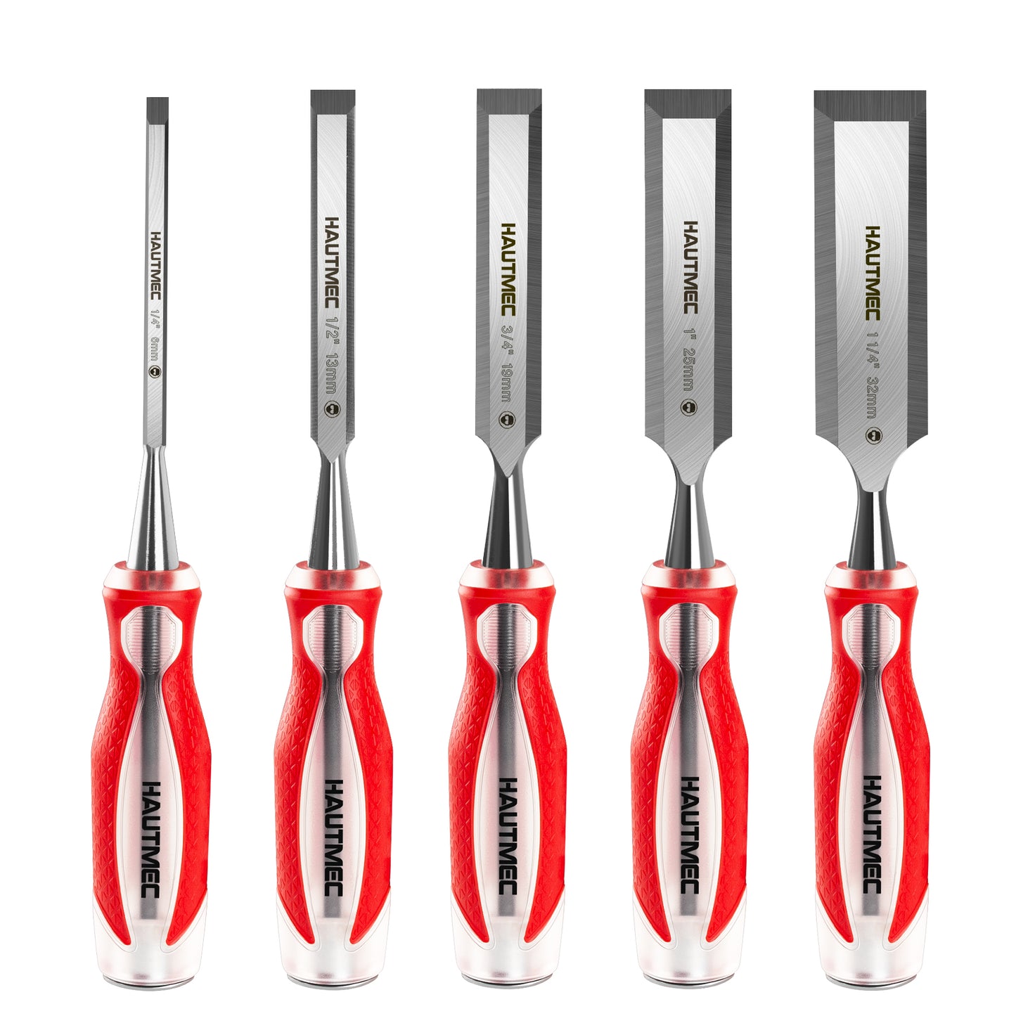 HAUTMEC 5 Piece Wood Chisel Set for Woodworking & Carving. Drop-Forged CR-V Steel Beveled Edge Blades with Ergonomic Non-Slip Handles and Heavy-Duty Strike Caps– HT0365