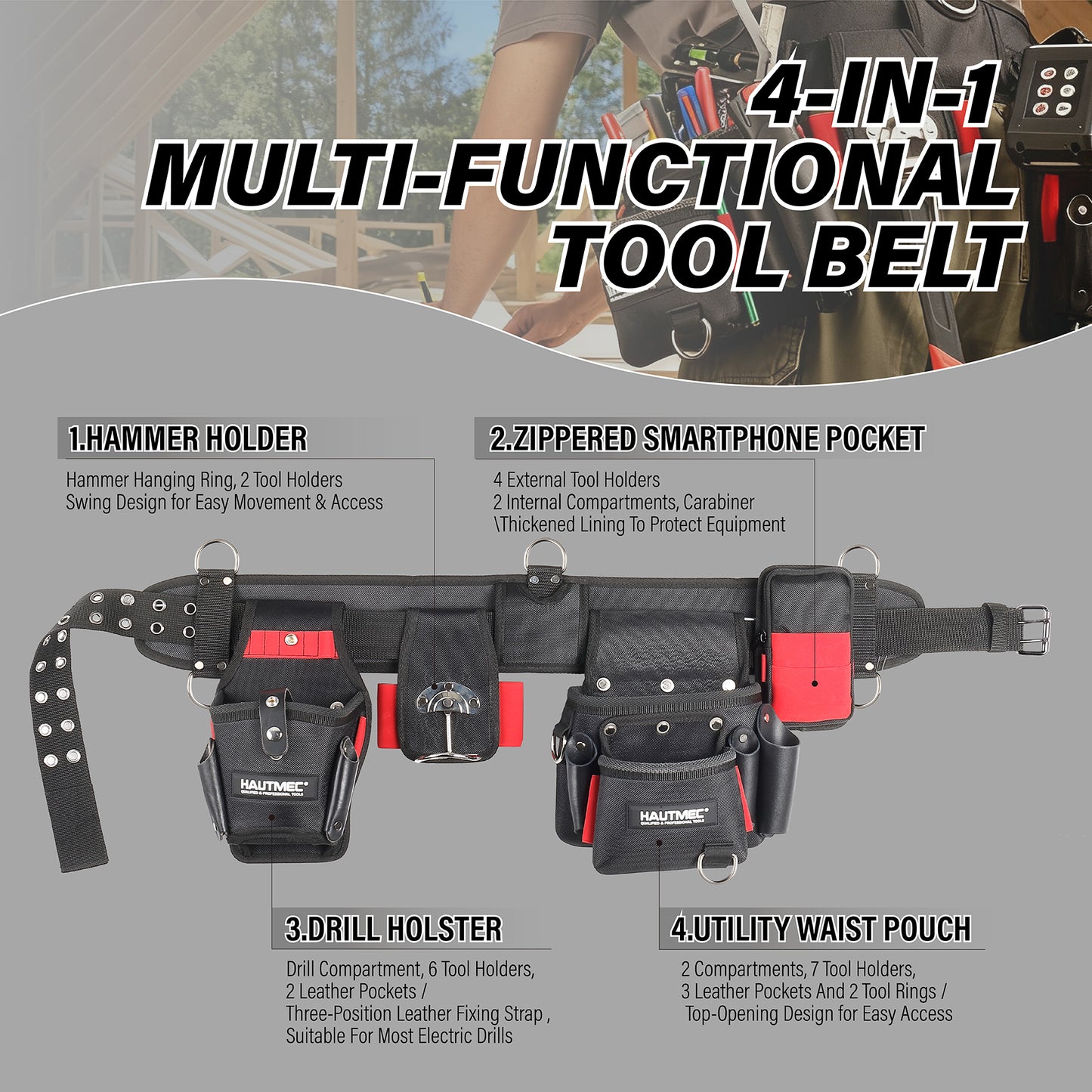 HAUTMEC 4-in-1 Heavy Duty Tool Belt Set with Leather Pockets, 1680D Polyester & EVA Reinforced Construction, 37 Pockets Organizer, Adjustable 35"-50" Belt – Fits Drill, Hammer, Phone & Measuring Tools – HT0409