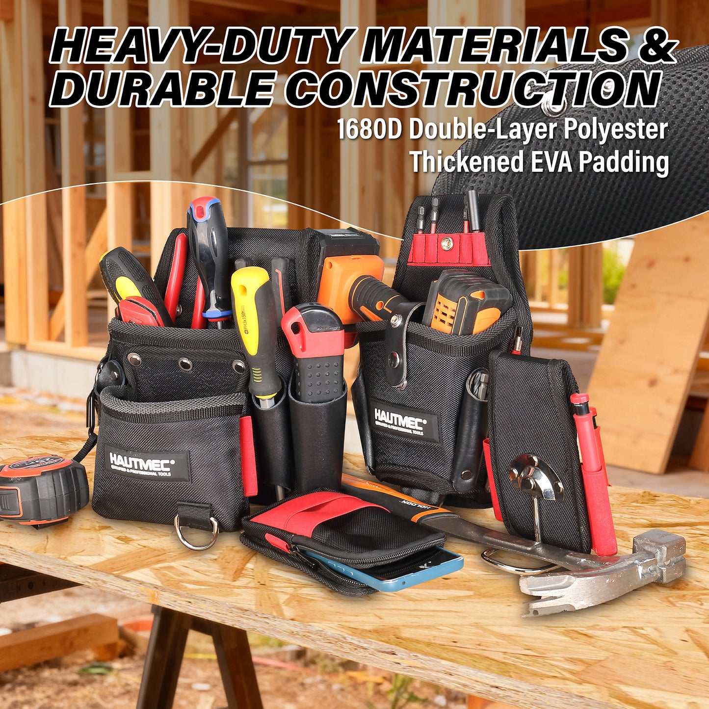 HAUTMEC 4-in-1 Heavy Duty Tool Belt Set with Leather Pockets, 1680D Polyester & EVA Reinforced Construction, 37 Pockets Organizer, Adjustable 35"-50" Belt – Fits Drill, Hammer, Phone & Measuring Tools – HT0409