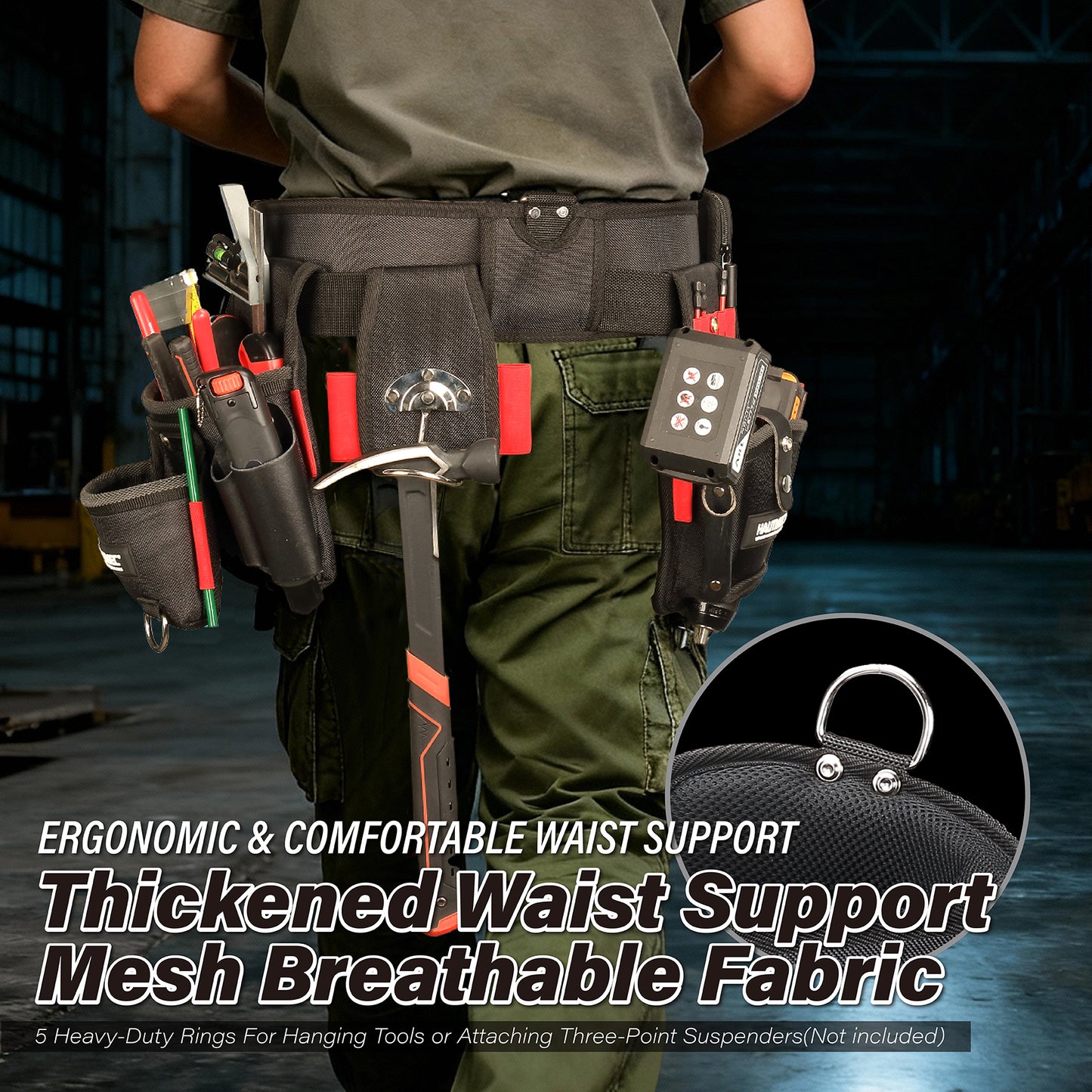 HAUTMEC 4-in-1 Heavy Duty Tool Belt Set with Leather Pockets, 1680D Polyester & EVA Reinforced Construction, 37 Pockets Organizer, Adjustable 35"-50" Belt – Fits Drill, Hammer, Phone & Measuring Tools – HT0409