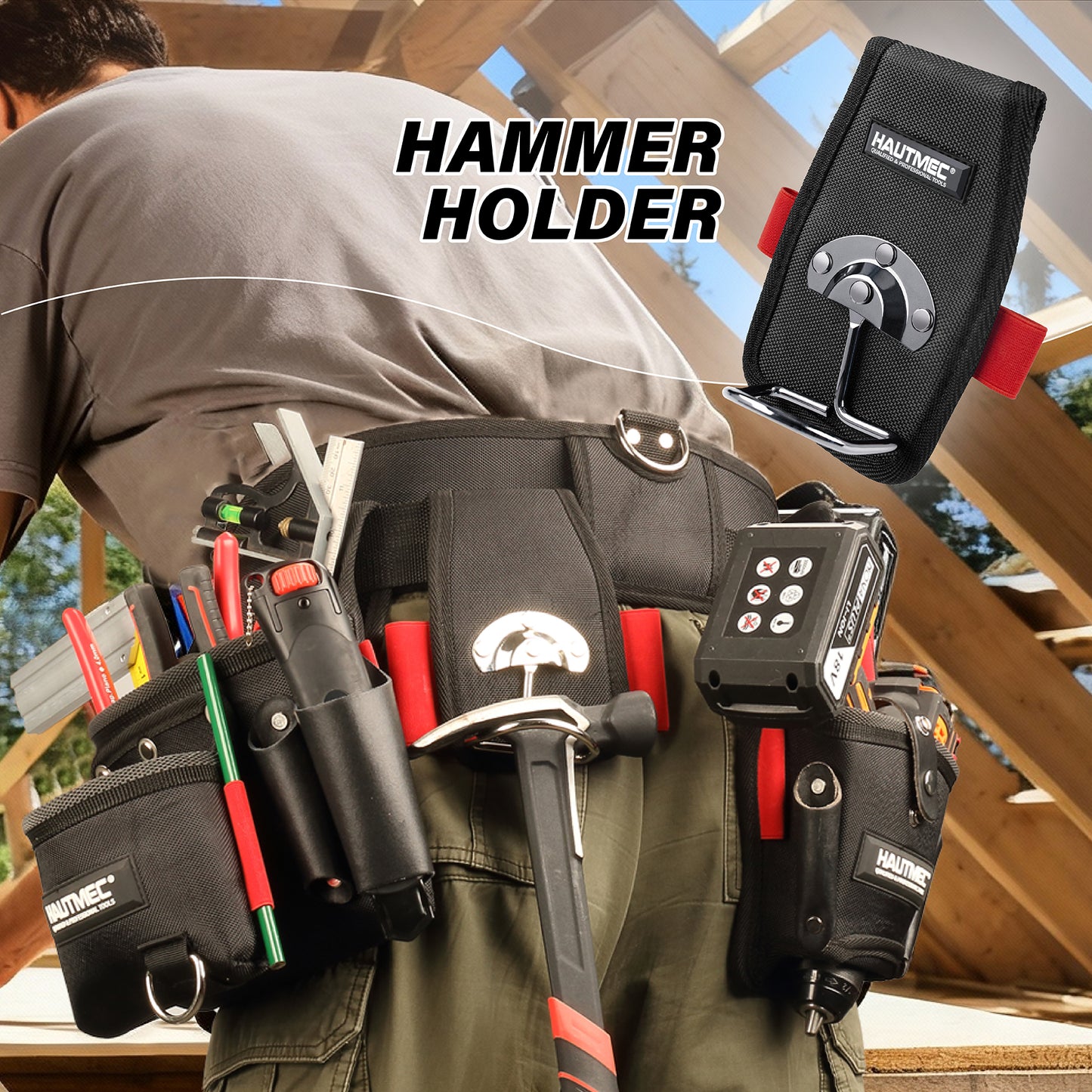 HAUTMEC 4-in-1 Heavy Duty Tool Belt Set with Leather Pockets, 1680D Polyester & EVA Reinforced Construction, 37 Pockets Organizer, Adjustable 35"-50" Belt – Fits Drill, Hammer, Phone & Measuring Tools – HT0409