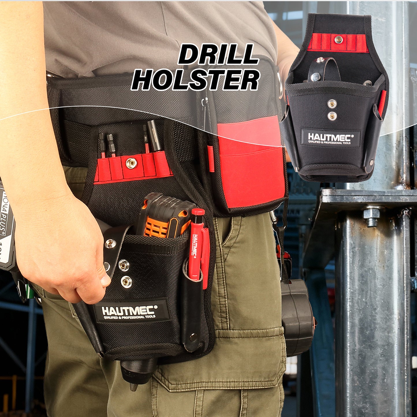 HAUTMEC 4-in-1 Heavy Duty Tool Belt Set with Leather Pockets, 1680D Polyester & EVA Reinforced Construction, 37 Pockets Organizer, Adjustable 35"-50" Belt – Fits Drill, Hammer, Phone & Measuring Tools – HT0409