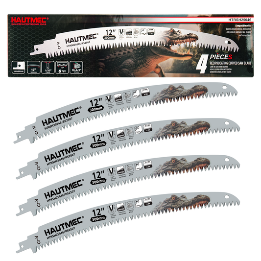 HAUTMEC 12 Inch Japanese Teeth Reciprocating Saw Blade, Curved Blade with 6TPI Harden Teeth Medium Cut for for Tree Trimming, Wood/PVC Pipe Cutting, Cr-V Sabre Sawzall Blades, 4 Pieces, HTRSH25046