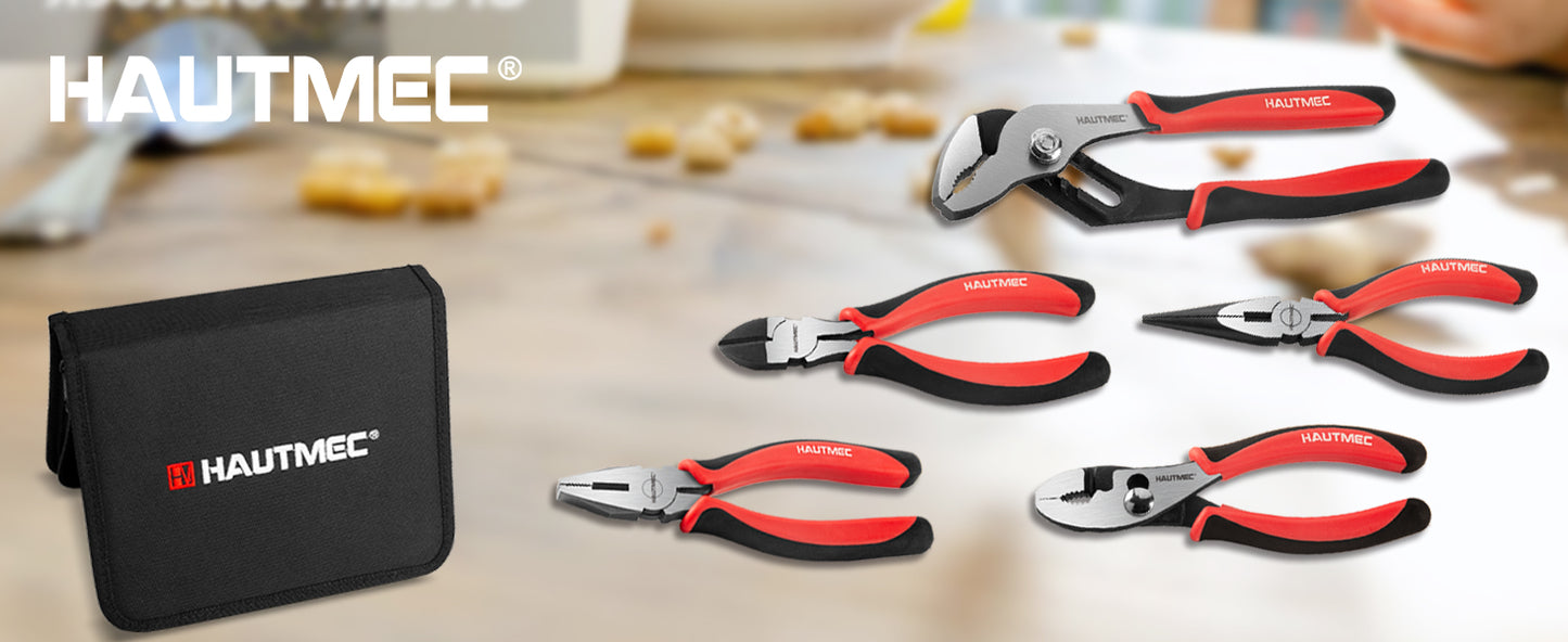 HAUTMEC 5-Piece Bi-Material Pliers Set, Including Slip-joint, Long Nose, Diagonal, Linesman, Groove Joint Pliers, Multi-Purpose for Repair, Home Maintenance, HTPTM25035