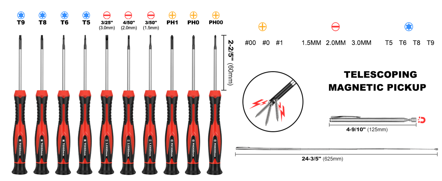 HAUTMEC 11-PCS Precision Mini Screwdriver Set with Telescoping Magnetic Pickup Tool, Phillips, Flat, Torx, Pouch, CRV Steel Shaft Magnetic Tiny Screwdriver Set for Eyeglass, Watch, Laptop, Phone, HT0421