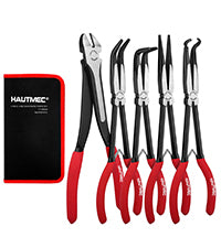 HAUTMEC 11Inch Extra Long Needle Nose Pliers Set, 5PCS Spring Loaded Heavy Duty Long Reach Pliers Include Hose Grip and Diagonal Cutting Plier, Straight and 45/90 Degree Bent Nose Pliers HT0316