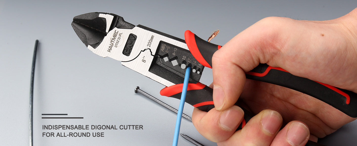 HAUTMEC 8" Wire Cutters,Pro-High Leverage Diagonal Pliers,4 in 1 Multifunction Heavy Duty Side Cutter HT0272-PL