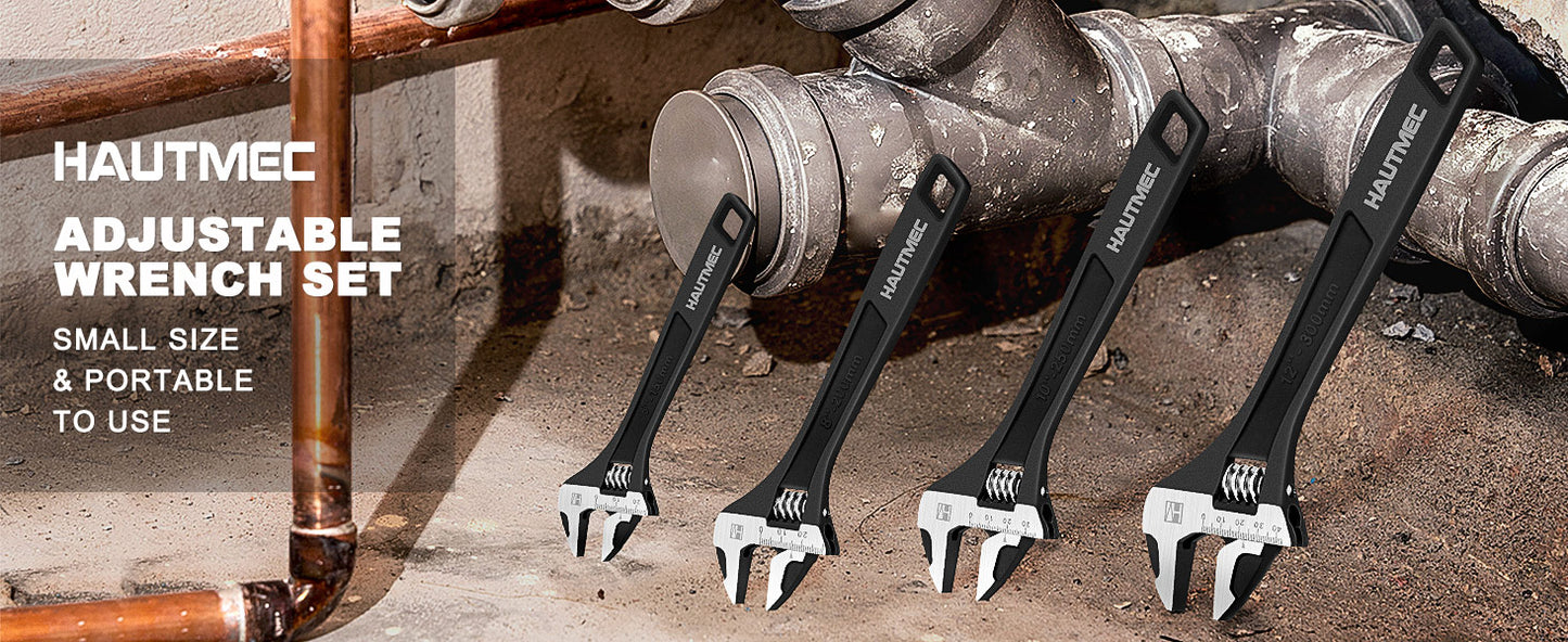 HAUTMEC 3PCS Adjustable Wrench Set Extra Wide Jaw Black Finish Adjustable Wrenches Drop-Forged CR-V Steel Metric & SAE Scales 6 in. 8 in. 10 in. for Home Garage Workshop DIY,HT0422
