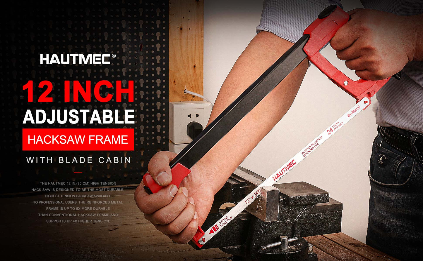 HAUTMEC 12 Inch Adjustable Hacksaw Frame With Blade Cabin, Heavy Duty 45°/90°2 Sawing Angles, 24 TPI High Tension Bi-metal HSS Blade, for Metal, Steel Pipe, PVC, Wood HT0015-CT
