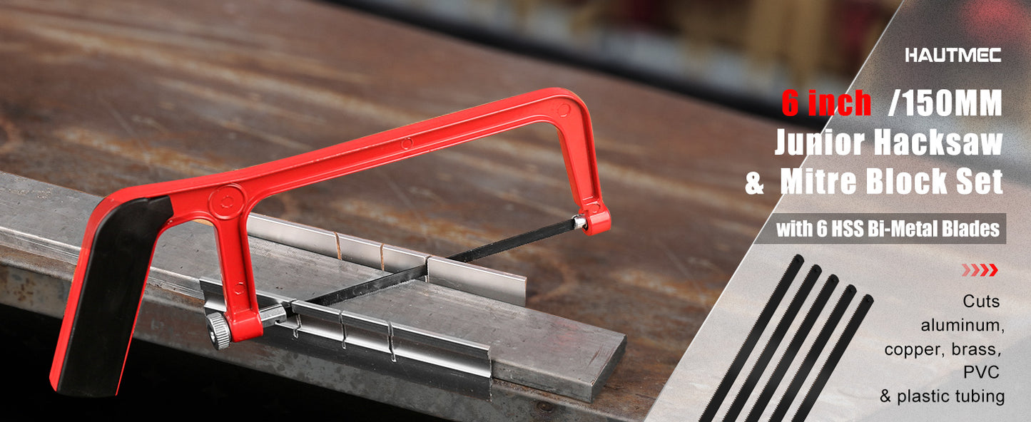 HAUTMEC 6inch Junior Hacksaw & Mitre Block Set Adjustable Angle Cutting Corner Saw with 5 Extra High-Carbon Steel Bi-Metal Blades HT0262-SA