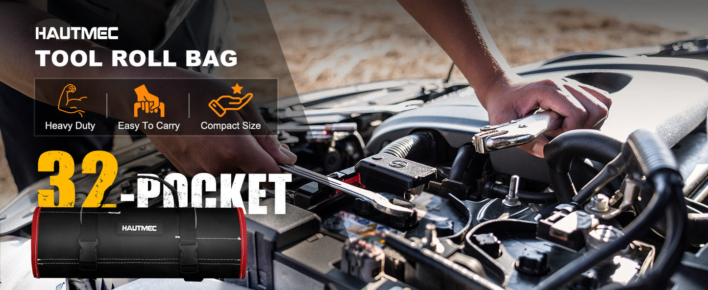 HAUTMEC 600D Tool Roll Bag, 32-Pocket Wrench Organizer, Multi-purpose Tool Roll Up Bag, Large Space Military Tool Bag HT0069-TB