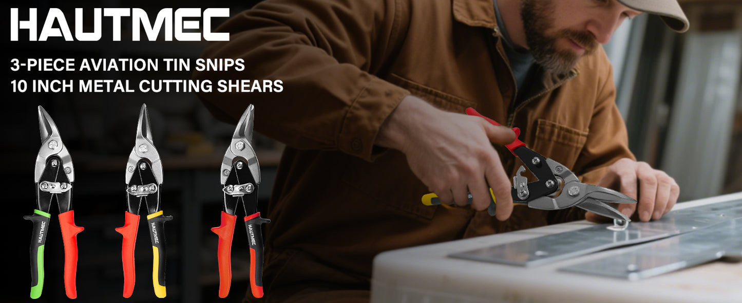 HAUTMEC 3-Piece Aviation Tin Snips for Cutting Metal Sheet, CR-V Steel Miter Shears for Straight, Left & Right Cuts, 10 Inch Heavy-Duty Sheet Metal Cutters with Safety Lock & Ergonomic Grip –HTSSM25063