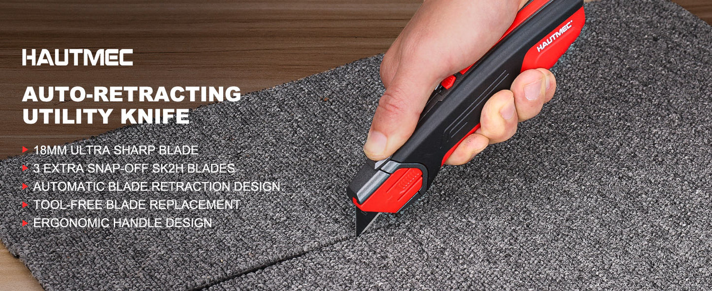 HAUTMEC Safety Self Retractable Utility Knife, Professional Heavy Duty Box Cutter With Extra 3 Black Sk2H Blades, Tool-free Blade Change, Safety Knife for Work HT0414-KN
