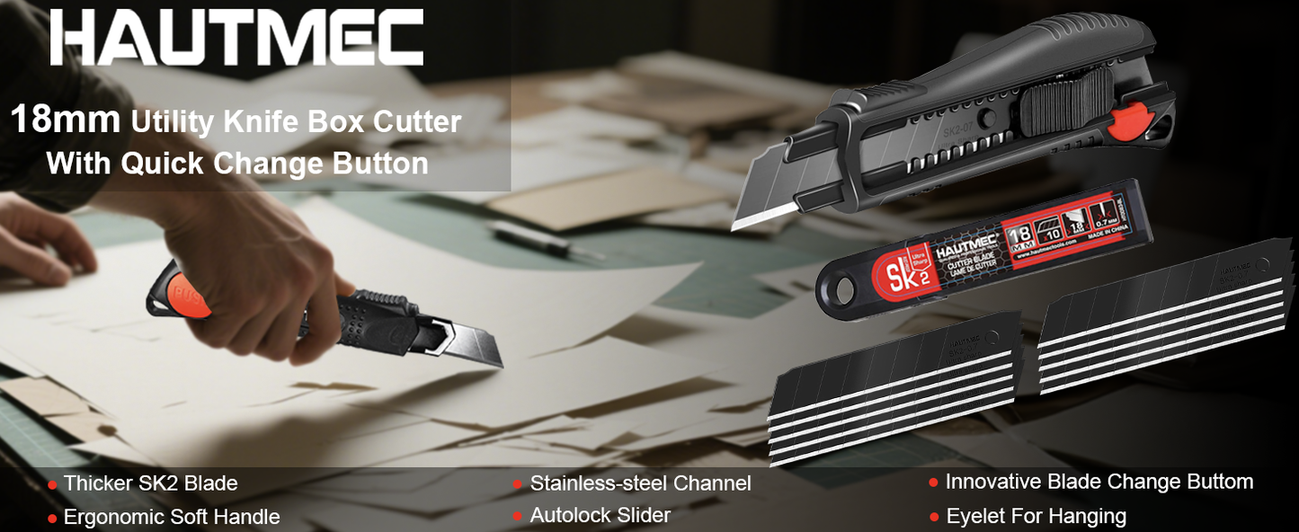 HAUTMEC Pro 18mm Black Auto-Lock Utility Knife Set Including 10pcs Ultra Sharp Black Snap-off Blades in Case, HT0094-10PC