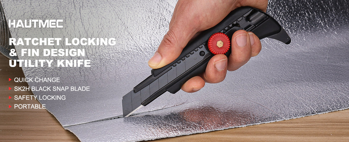 HAUTMEC 18mm Heavy Duty Utility Knife with Multi-Pick, Snap Off Ultra-Sharp Black Retractable Box Cutter, Ratchet & Soft-grip Cutter HT0248-KN