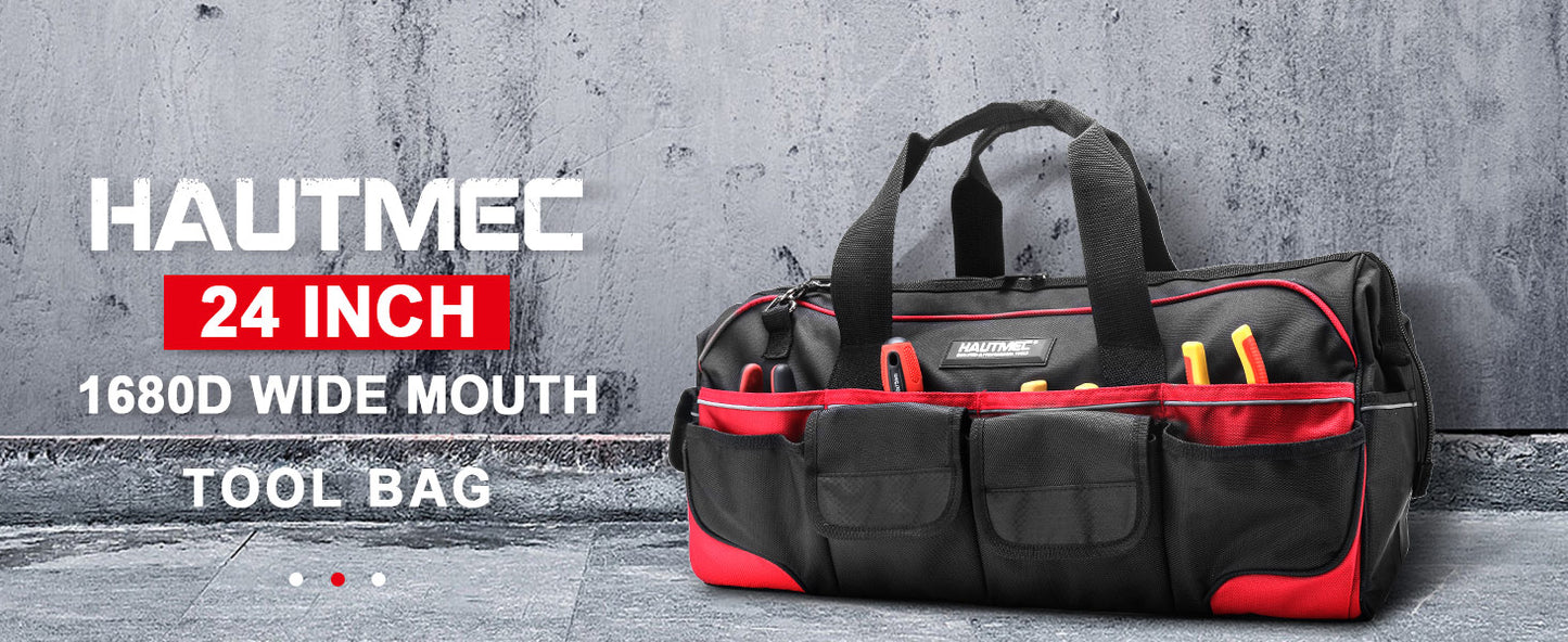 HAUTMEC 24 Inch Large Tool Bag, Heavy Duty 1680D Wide Mouth Tool Box Organizer, 36-Pockets Portable Utility Bag for Men with Level Holder and Removable Shoulder Strap, HT0284