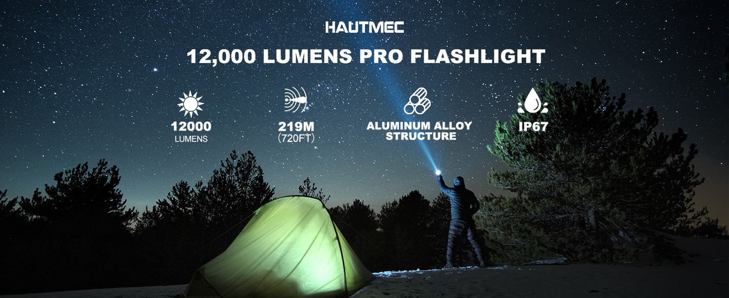 HAUTMEC Rechargeable Flashlights 12000 High Lumens Flashlight, 5 Light Modes Bright Flashlight, 2X Zoom, IP67 Waterproof & Impact-Resistant, and Power Bank, for Emergencies, Hunting, Camping, Hiking, HT0386