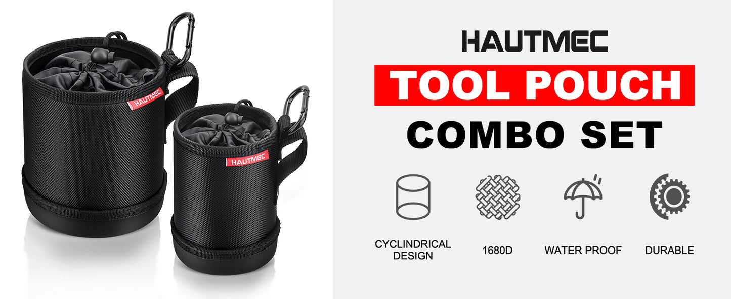 HAUTMEC Tool Pouch Combo Set, Heavy Duty 1680D Wear-Resistant Utility Tool Bags with EVA Molded Base, Drawstring Closure and Clip Hook, Ideal for Screws, Nails, Small Tools, HT0404