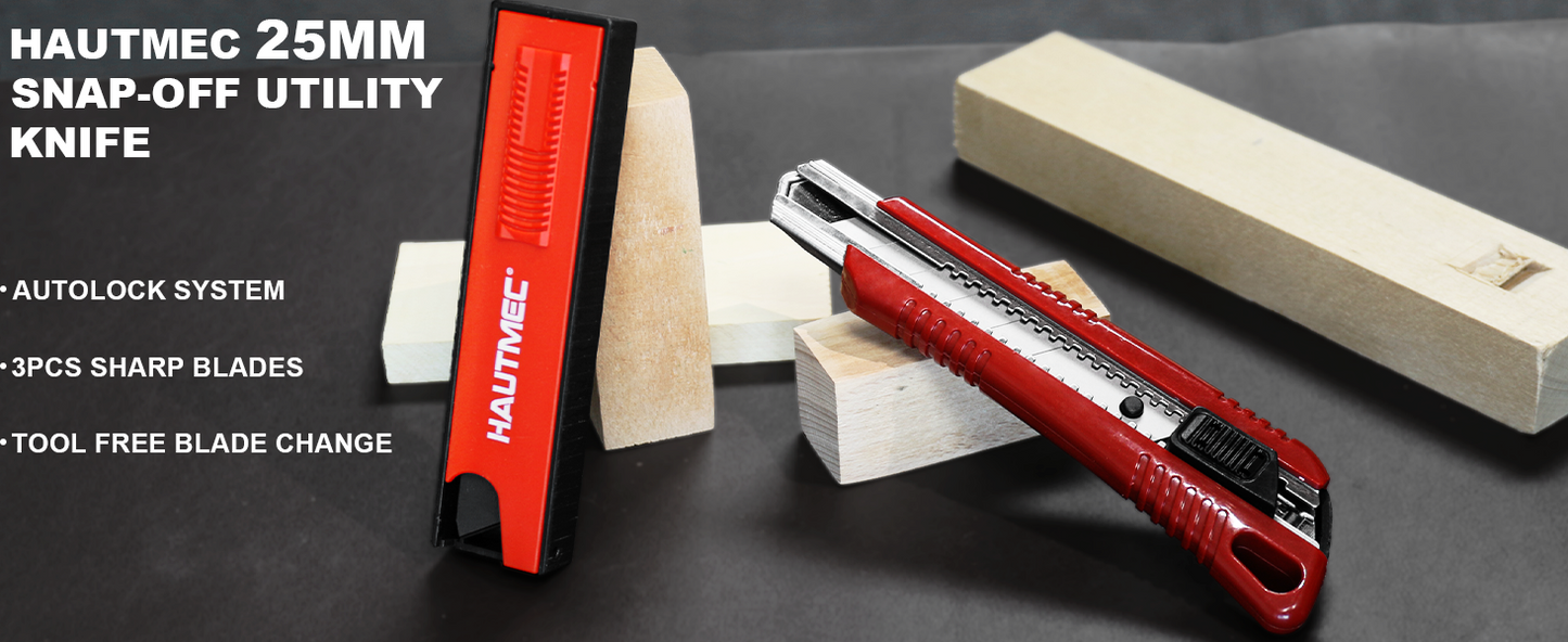 HAUTMEC 25mm Extra Heavy-Duty Utility Knife, Snap-off Retractable Box Cutter with 3pcs Sharp Blades, Auto-lock Mechanism, Sturdy Body HT0080-KN