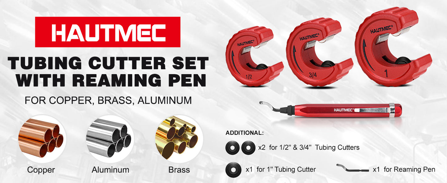 HAUTMEC Copper Tubing Cutter Set 3 PCS Copper Pipe Cutter Tool, In Portable Storage Case, Includes 1/2 in., 3/4 in., and 1 in. Cutters, Reaming Pen, 3 Spare Cutting Wheels, 1 Spare Deburring Blade,HT0354