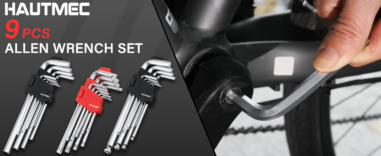 HAUTMEC Star Key Wrench Set, 9-Piece Torx Star Wrenches- Chrome Vanadium Steel and Drilled tips for Tamper Resistant Fasteners, HT0222-SS