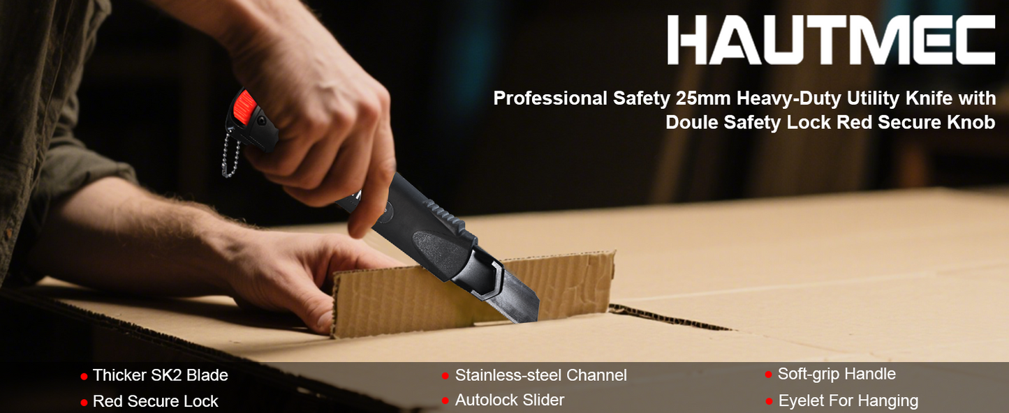 HAUTMEC 25mm Extra Heavy Duty Utility Knife with Double Lock Mechanism, Auto-Lock and Ratchet- Lock for Double Safety, SK2 Sharp Black Blade for Industrial or Construction Applications HT0254-KN