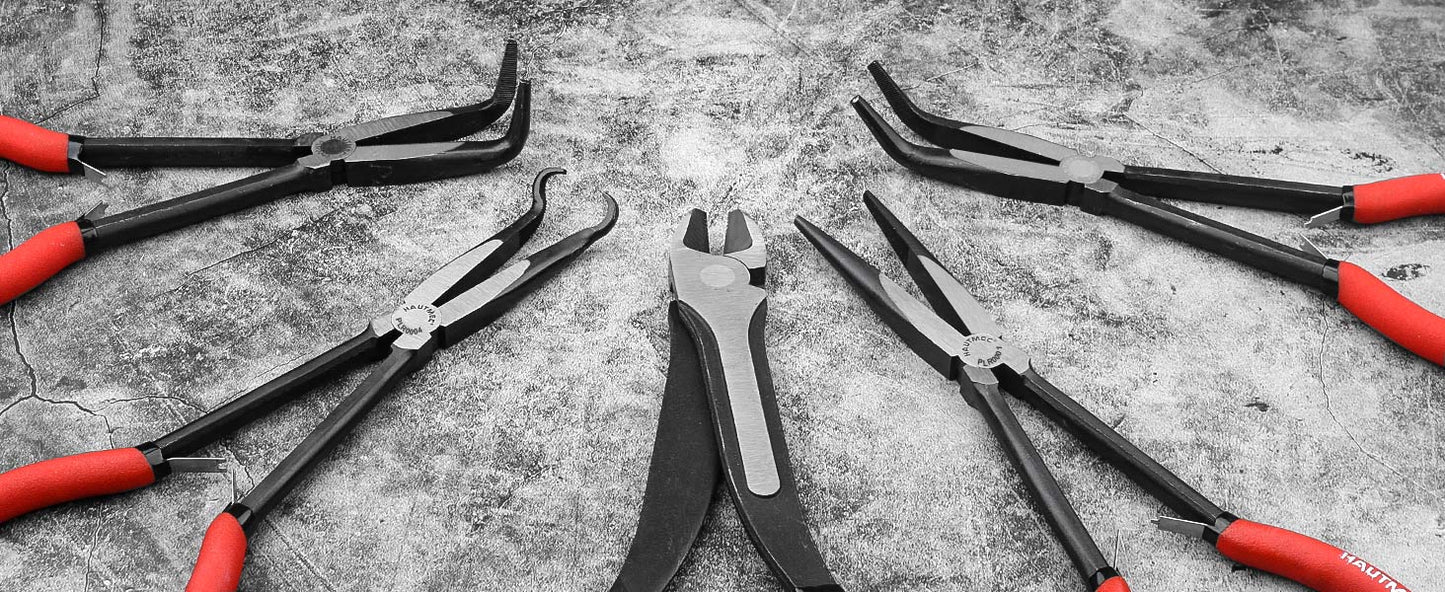 HAUTMEC 11Inch Extra Long Needle Nose Pliers Set, 5PCS Spring Loaded Heavy Duty Long Reach Pliers Include Hose Grip and Diagonal Cutting Plier, Straight and 45/90 Degree Bent Nose Pliers HT0316