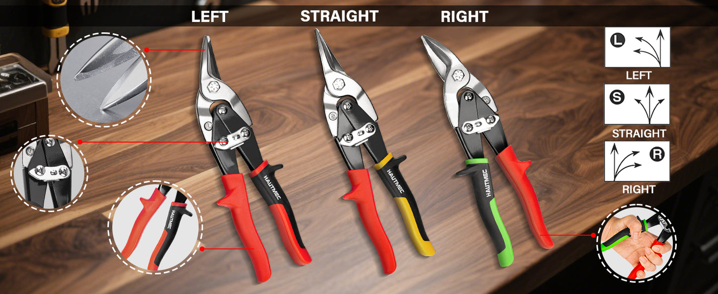 HAUTMEC 3-Piece Aviation Tin Snips for Cutting Metal Sheet, CR-V Steel Miter Shears for Straight, Left & Right Cuts, 10 Inch Heavy-Duty Sheet Metal Cutters with Safety Lock & Ergonomic Grip –HTSSM25063