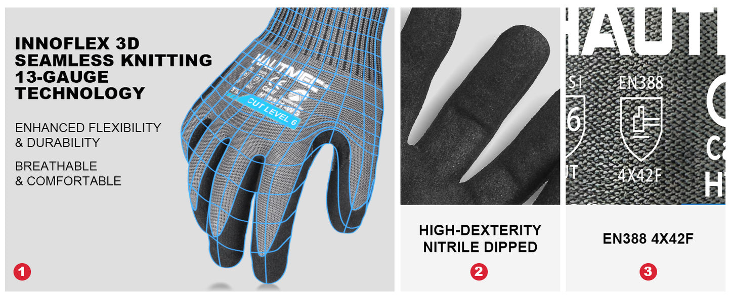 HAUTMEC InnoFlex Cut Resistant Work Gloves A6 Cutting Gloves, High-Dexterity Nitrile Dipped, Touchscreen, 13 Gauge Knit Reinforced Nitrile Coating Cut Proof Gloves for Men for Construction, Manufacture, Garden, Fishing, Garden(XL) HT0382
