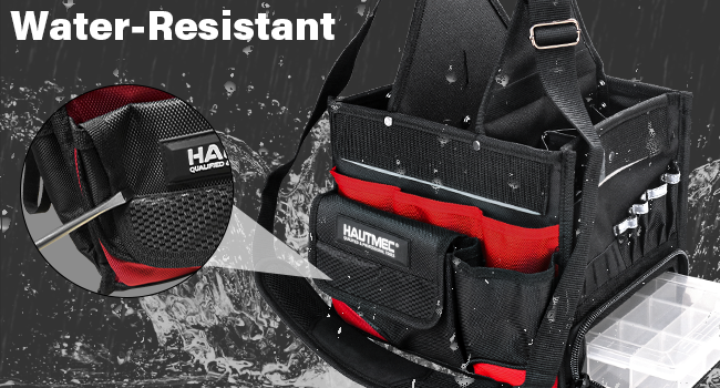HAUTMEC Electrician Tool Bag with Parts Tray, Water-Resistant HVAC Tool Bag, Heavy-Duty 37-Pocket Open Top Tool Tote with Reinforced Base, Adjustable Shoulder Strap – HT0174