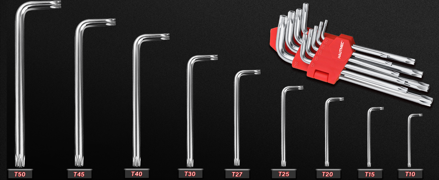 HAUTMEC Star Key Wrench Set, 9-Piece Torx Star Wrenches- Chrome Vanadium Steel and Drilled tips for Tamper Resistant Fasteners, HT0222-SS