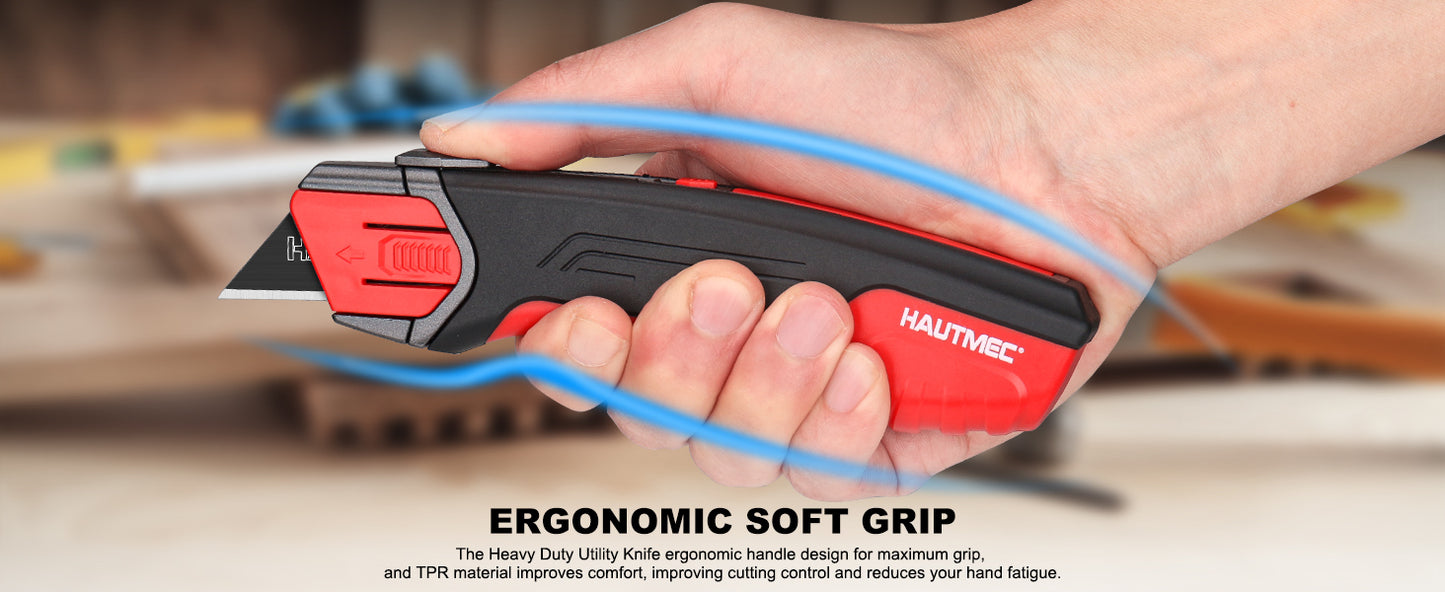 HAUTMEC Safety Self Retractable Utility Knife, Professional Heavy Duty Box Cutter With Extra 3 Black Sk2H Blades, Tool-free Blade Change, Safety Knife for Work HT0414-KN