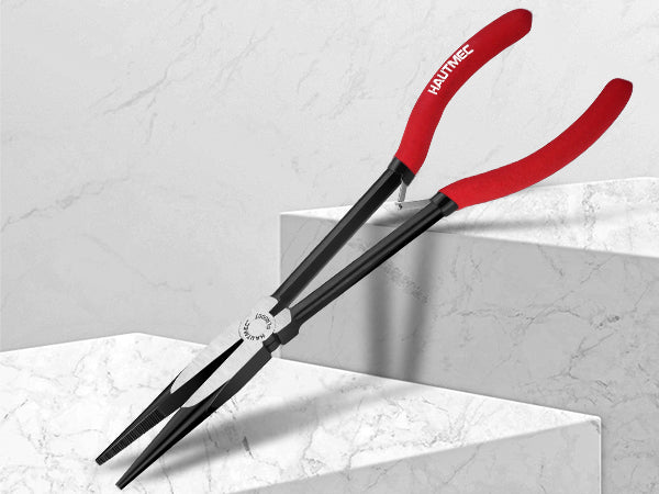 HAUTMEC 11Inch Extra Long Needle Nose Pliers Set, 5PCS Spring Loaded Heavy Duty Long Reach Pliers Include Hose Grip and Diagonal Cutting Plier, Straight and 45/90 Degree Bent Nose Pliers HT0316