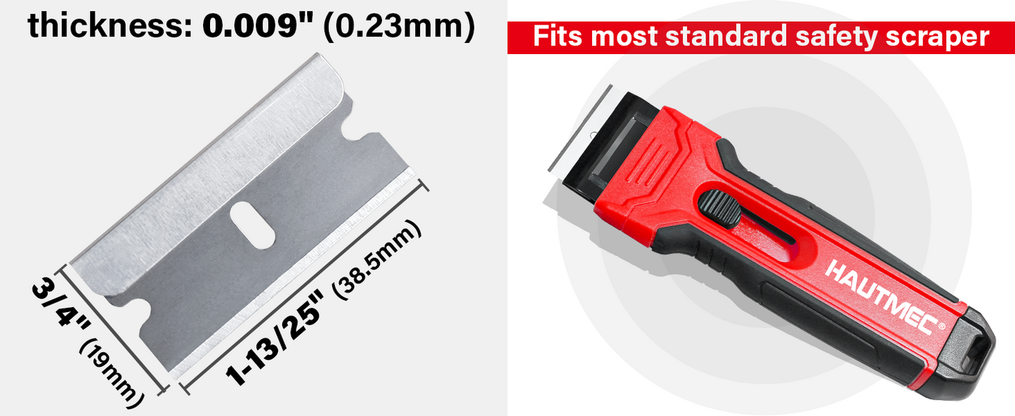 HAUTMEC 100 Pack Single Edge Razor Blades, Heavy Duty Edge Blades, Ultra Sharp, Rust-Resistant,Industrial & DIY Use, Fits most Standard Scraper & Utility Knife, for Removing Decals, Stickers HTPBM25029