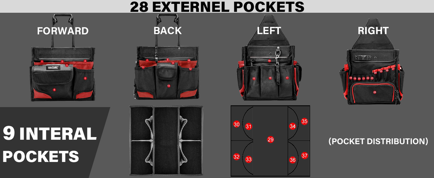 HAUTMEC Electrician Tool Bag with Parts Tray, Water-Resistant HVAC Tool Bag, Heavy-Duty 37-Pocket Open Top Tool Tote with Reinforced Base, Adjustable Shoulder Strap – HT0174