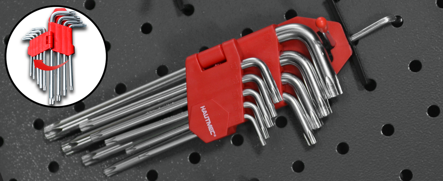 HAUTMEC Star Key Wrench Set, 9-Piece Torx Star Wrenches- Chrome Vanadium Steel and Drilled tips for Tamper Resistant Fasteners, HT0222-SS