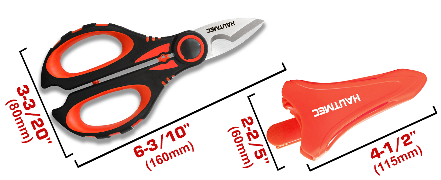 HAUTMEC Electrician Scissor, 6-1/4" Professional Electrician Shears with Stainless Serrated Blade, Cable Shears With Crimp, Notch Blade With Sheath, Comfortable Reinforced Fiberglass Handle,HT0416