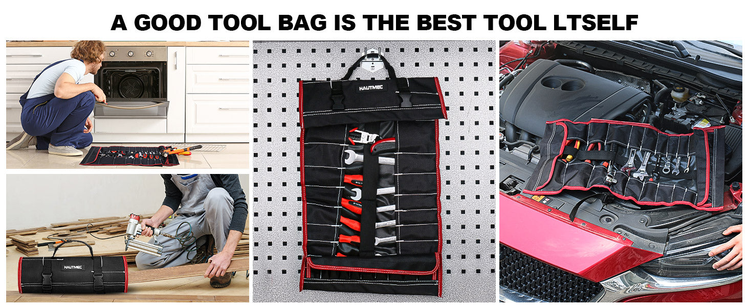 HAUTMEC 600D Tool Roll Bag, 32-Pocket Wrench Organizer, Multi