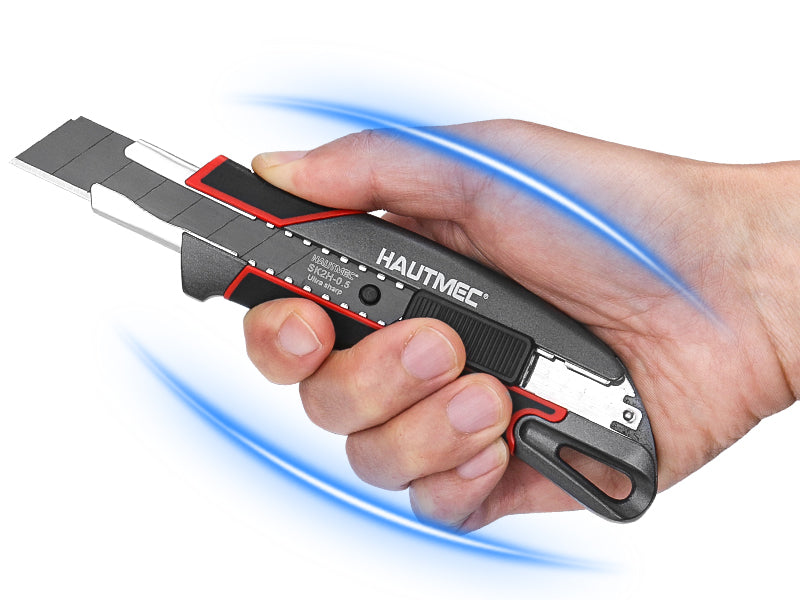 HAUTMEC Heavy Duty Utility Knife Box Cutter 18mm In Alluminum Alloy Shell, with Extra Ultra Sharp Black Sk2H 10 Blades in Safety Dispenser, Retractable and Auto-lock, HT0413-KN