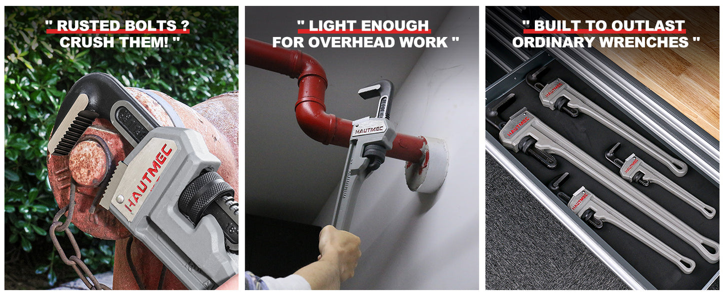 HAUTMEC 36 Inch Aluminum Straight Pipe Wrench, Heavy Duty Adjustable Plumbing Wrench, 4" Jaw Capacity, for Pipes, Tees, Ball Valves and Other Objects HT0188-PW