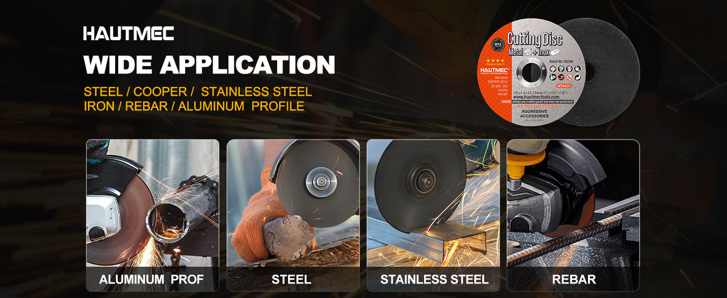 HAUTMEC Expert Grade Cut Off Wheels 125mm x 1.0mm x 22.23mm, Thin Grinding Disc for Cutting Metals, 10 Pack General Purpose Cut Off Blade for Most Angle Grinder - HT0431