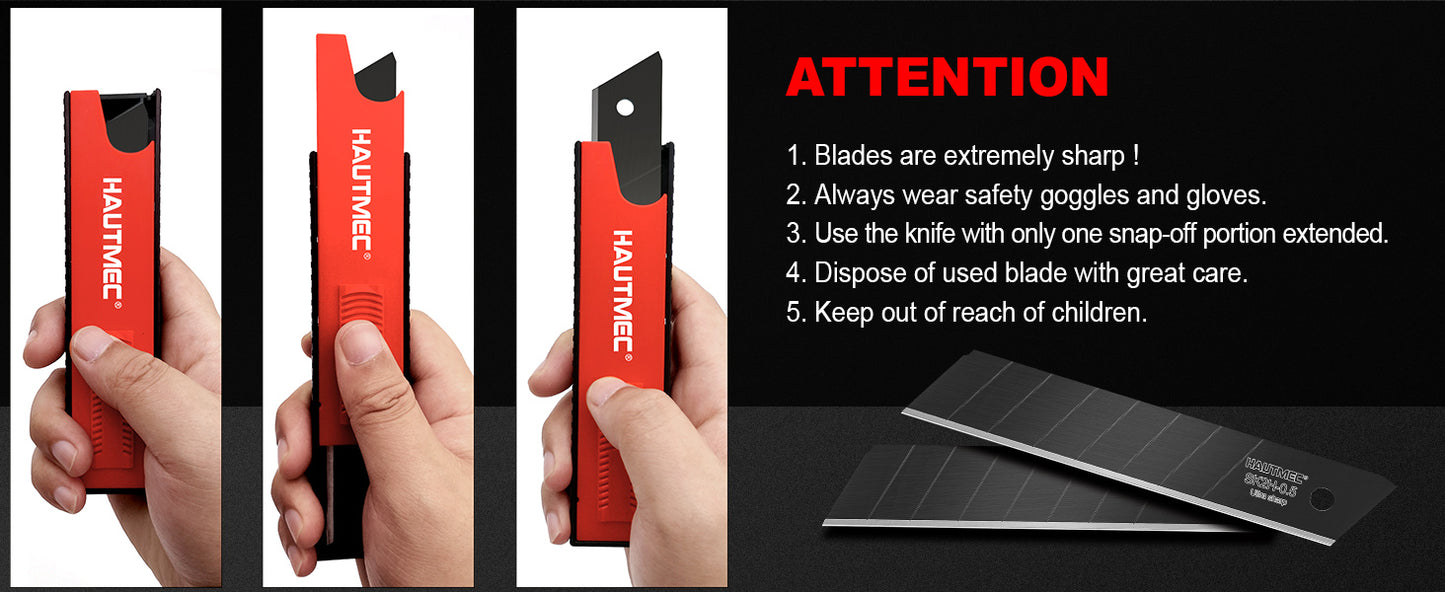 HAUTMEC Heavy Duty Utility Knife Box Cutter 18mm In Alluminum Alloy Shell, with Extra Ultra Sharp Black Sk2H 10 Blades in Safety Dispenser, Retractable and Auto-lock, HT0413-KN