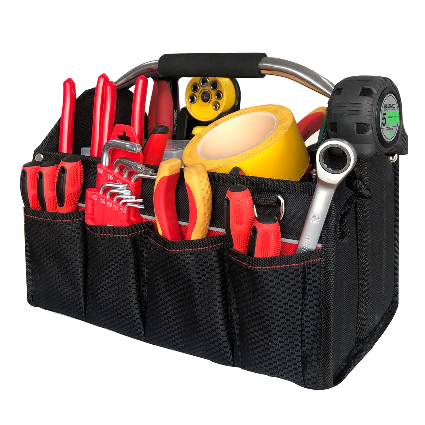 HAUTMEC 13 Inch Tool Bag, Foldable Tool Tote, Portable Open Top Tool Bag, Pro Electrician Tool Bag with Stiff Frame and Reflective Strips，600D Water-Resistant and Wear-Resistant, HT0173