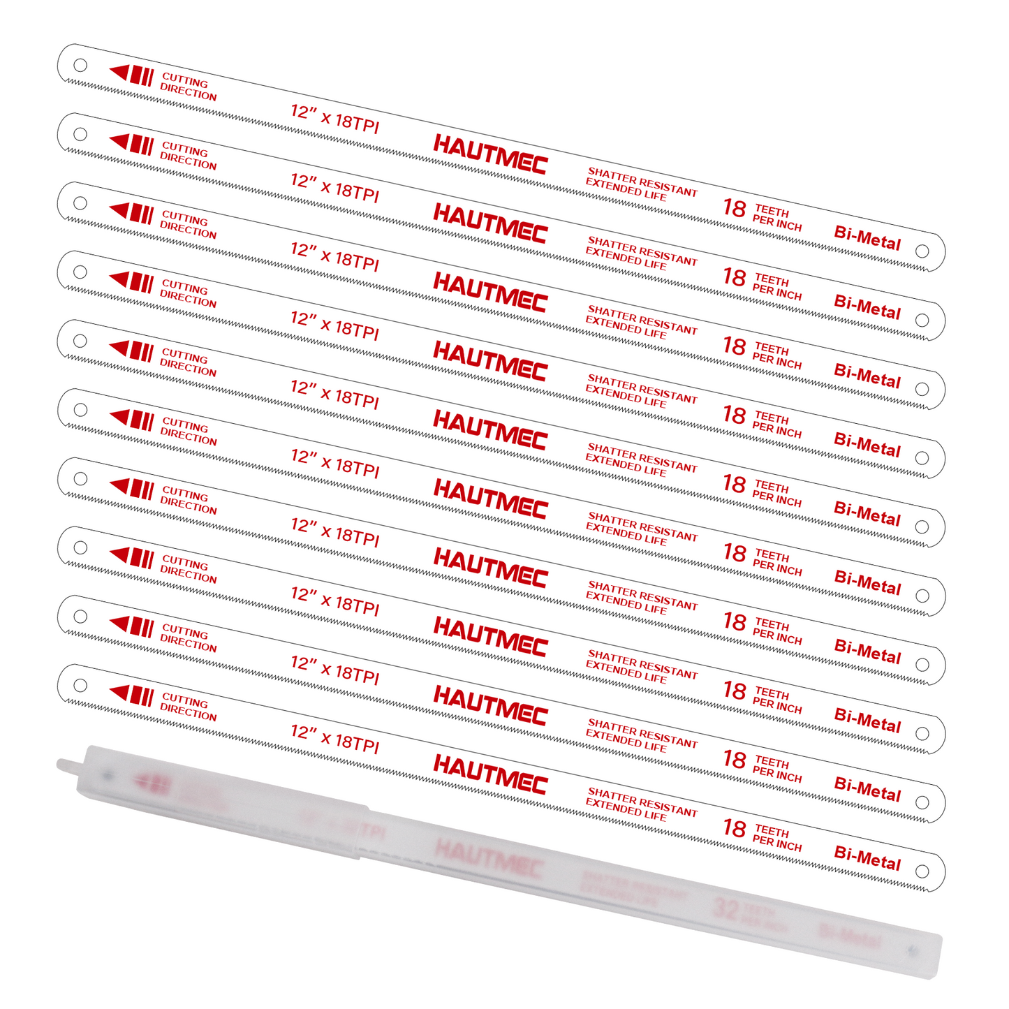 HAUTMEC 12" Hacksaw Blades Replacement Bi-Metal(10 Pack) 18 TPI High Speed Steel Grounded Teeth HT0016-CT