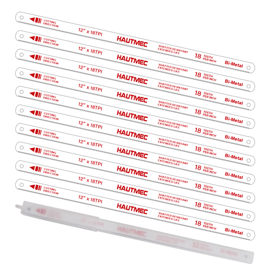 HAUTMEC 12" Hacksaw Blades Replacement Bi-Metal(10 Pack) 18 TPI High Speed Steel Grounded Teeth HT0016-CT