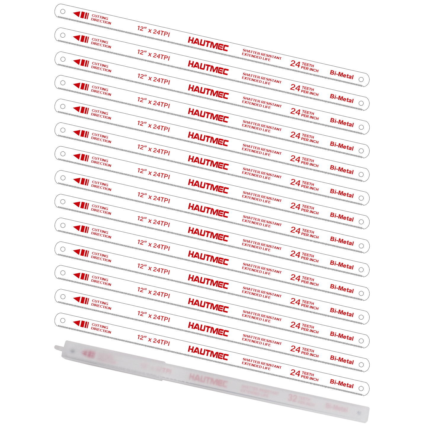 HAUTMEC 12" Hacksaw Blades Replacement Bi-Metal (100 Pack) 24 TPI High Speed Steel Grounded Teeth HT0017-100PC