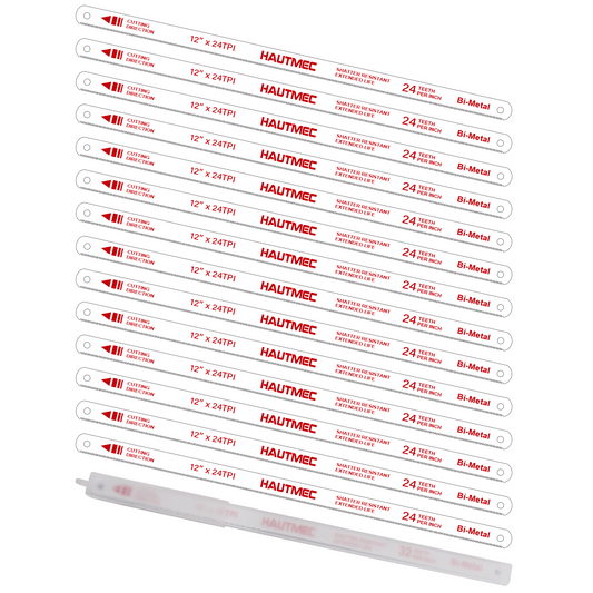 HAUTMEC 12" Hacksaw Blades Replacement Bi-Metal (100 Pack) 24 TPI High Speed Steel Grounded Teeth HT0017-100PC