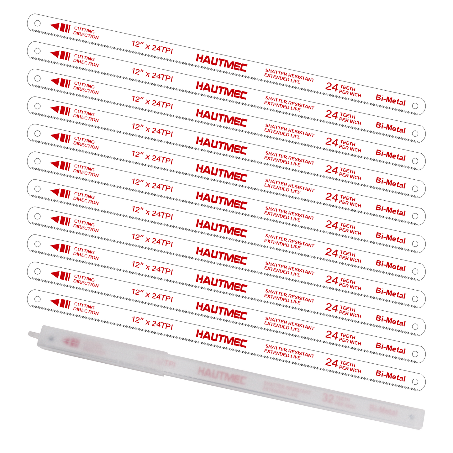 HAUTMEC 12" Hacksaw Blades Replacement Bi-Metal(10 Pack) 24 TPI High Speed Steel Grounded Teeth HT0017-CT