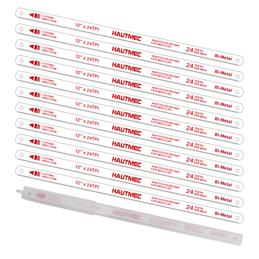 HAUTMEC 12" Hacksaw Blades Replacement Bi-Metal(10 Pack) 24 TPI High Speed Steel Grounded Teeth HT0017-CT