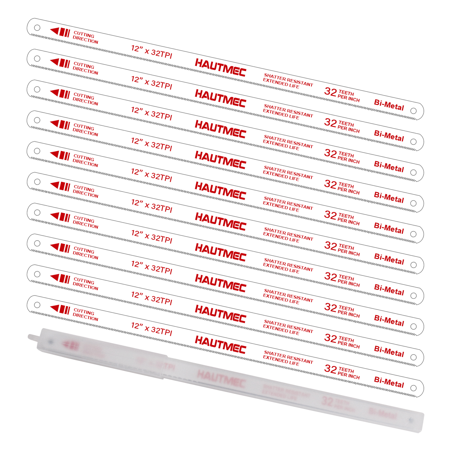 HAUTMEC 12" Hacksaw Blades Replacement Bi-Metal(10 Pack) 32 TPI High Speed Steel Grounded Teeth HT0018-CT